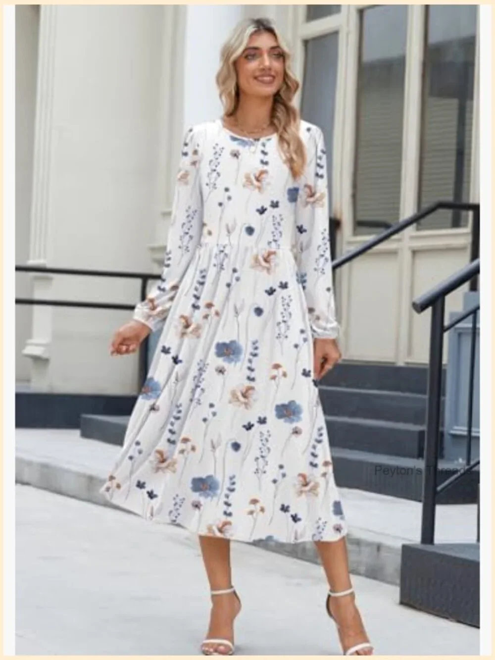 Long Sleeve Flowy A-Line Midi Dress with Pockets - Picture 2 of 7